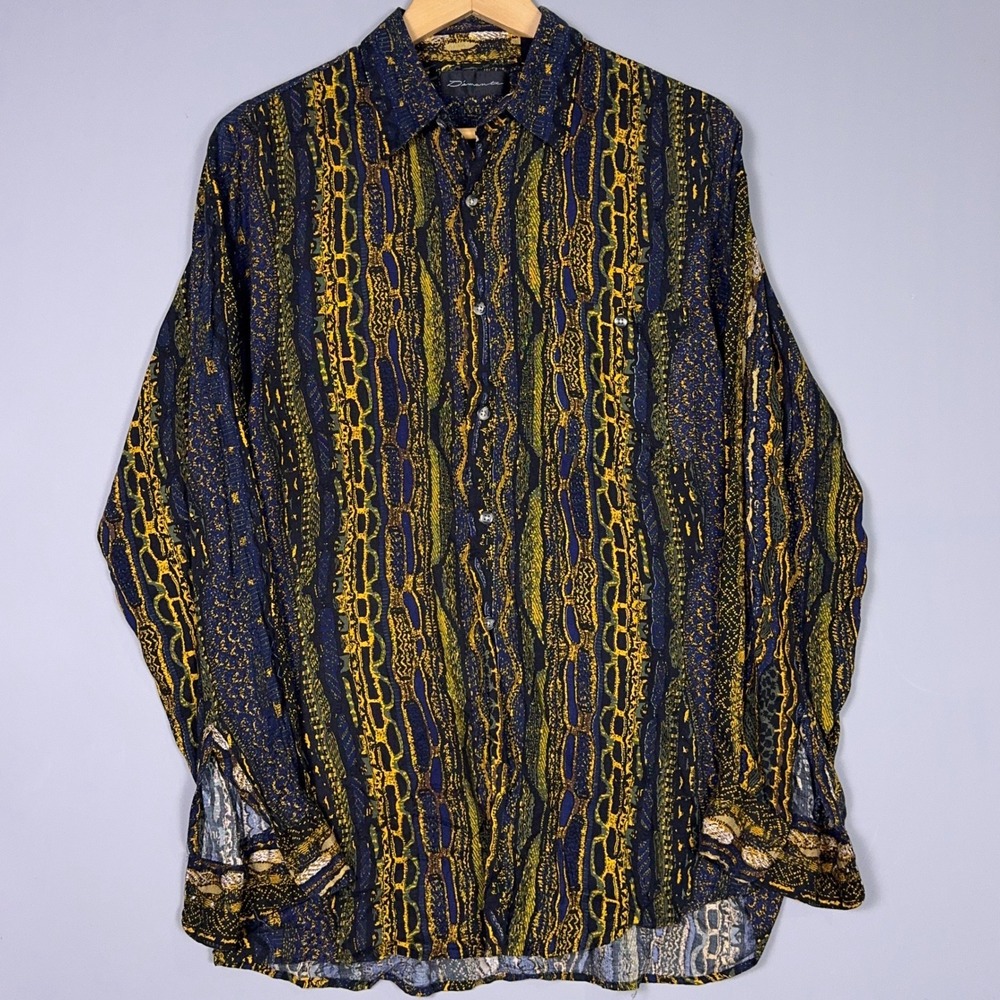 Diamante Vintage Rayon Shirt Mens Medium Disco Abstract Geometric Long Sleeve